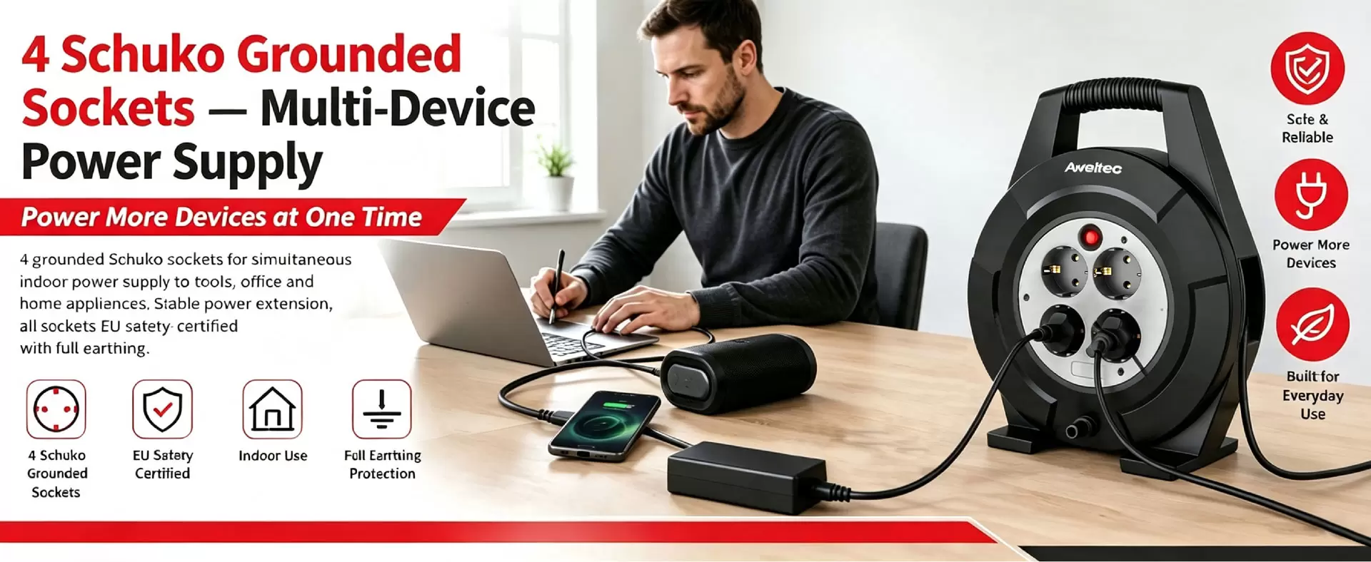 Carretel de cabo de 4 soquetes Aweltec 10m/15m