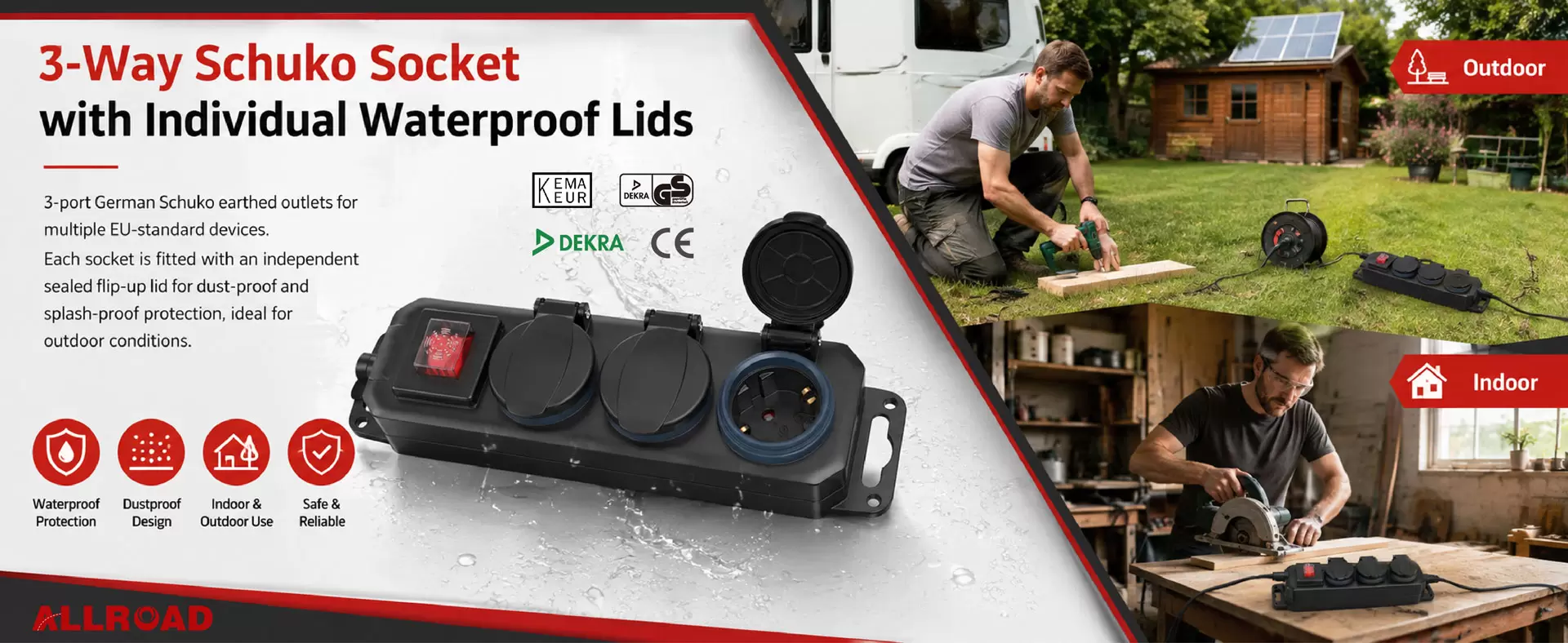 Extensão de energia externa ALLROAD IP44 Tomada de 3 vias tipo alemão com interruptor