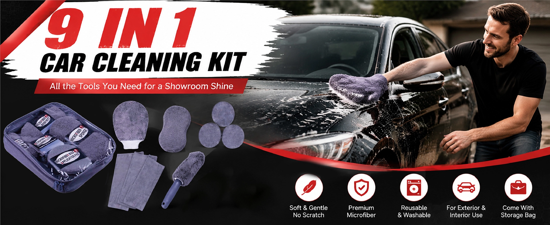 Kit de cuidados com o carro de 9 peças ALLROAD, escova de roda de microfibra para lavagem e 3 almofadas de cera