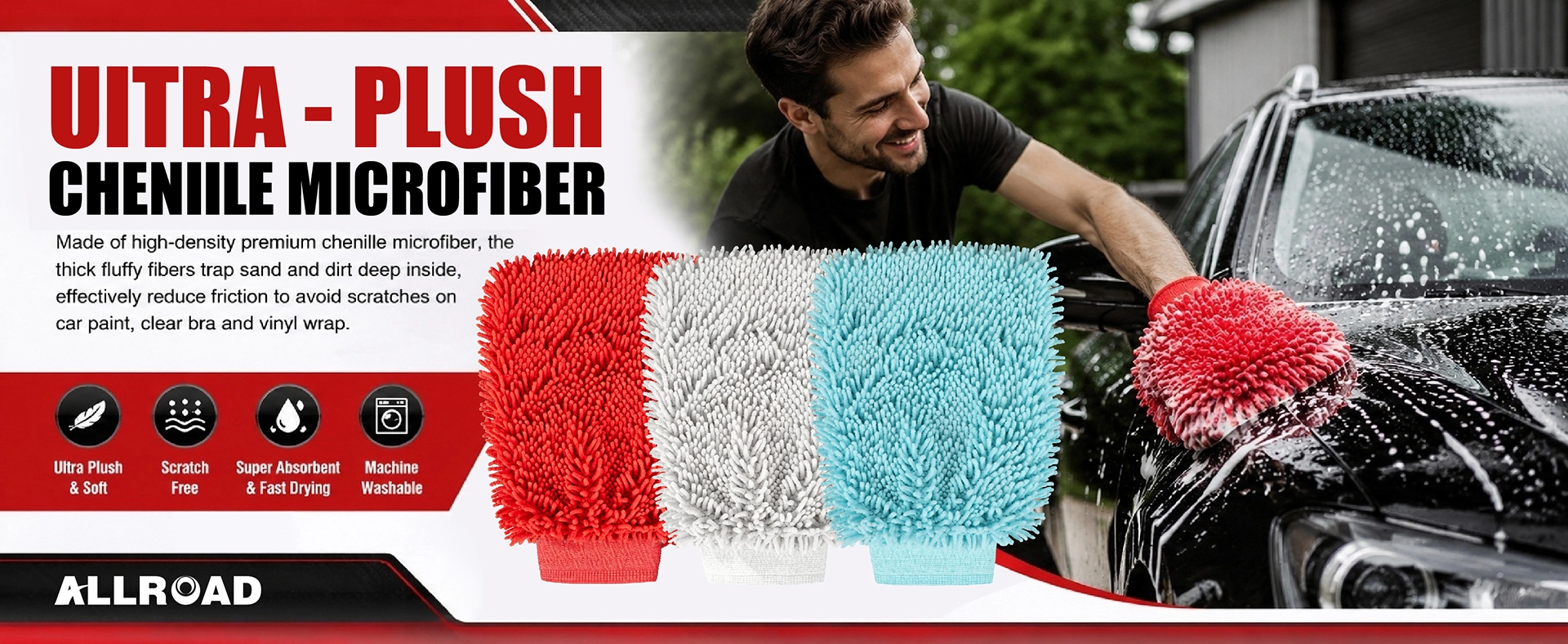 Pacote com 2 luvas de microfibra para lavagem de carro em chenille, sem arranhões, sem fiapos, grande Pacote com 2 luvas de microfibra para lavagem de carro em chenille, sem arranhões, sem fiapos, grande