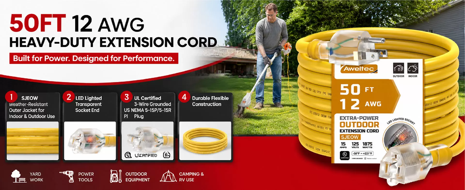 Cabo de extensão externo Aweltec 50 FT 12 AWG Cabo de extensão externo Aweltec 50 FT 12 AWG